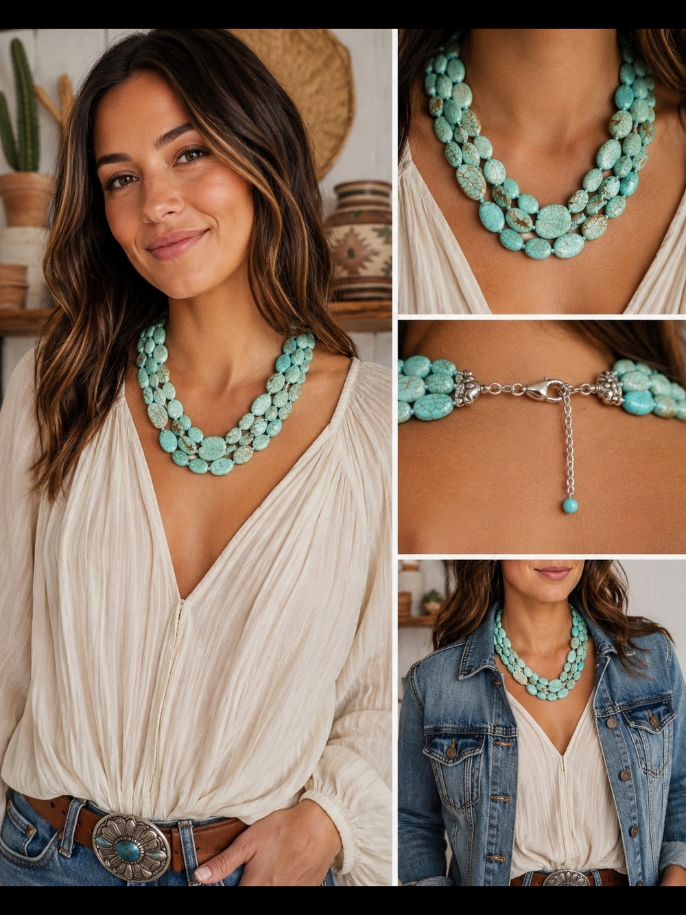Artisan Triple Strand Turquoise Look Beaded Necklace | Adjustable 8"-10" Drop |